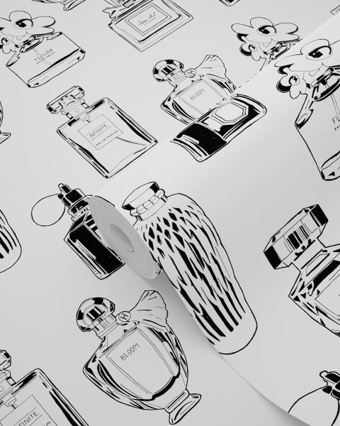 Tapetenrolle mit Parfümflakon-Muster