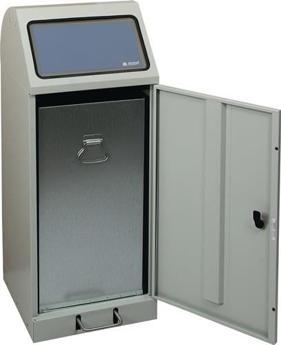 Stumpf Wertstoffsammler aus Metall mit offener Tür, verzinktem Innenbehälter, Fußpedal und Einwurfklappe. Stumpf Logo.