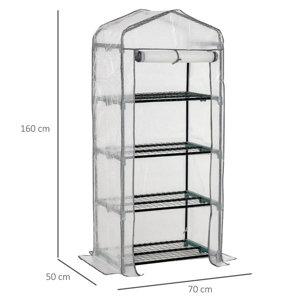 Foliengewächshaus mit 4 Regalböden, Höhe 160 Zentimeter, Breite 70 Zentimeter, Tiefe 50 Zentimeter.