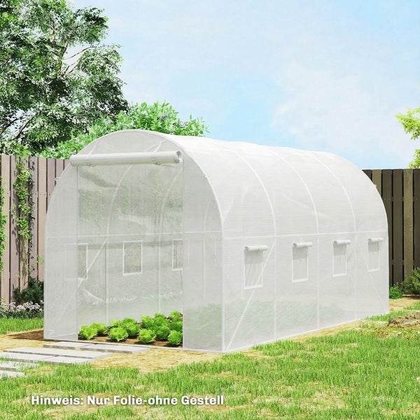 Ersatzfolie für Folientunnel ohne Gestell, weiße Gitternetzfolie mit Fenstern und aufrollbarem Eingang im Garten.