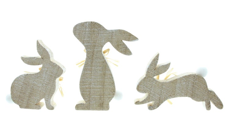 FRANK FLECHTWAREN | Osterdeko Hasentrio, 3er Set, HOLZ, 15 x 2 x 10cm, 9,5 x 2 x 12cm, 10,5 x 2 x 15cm