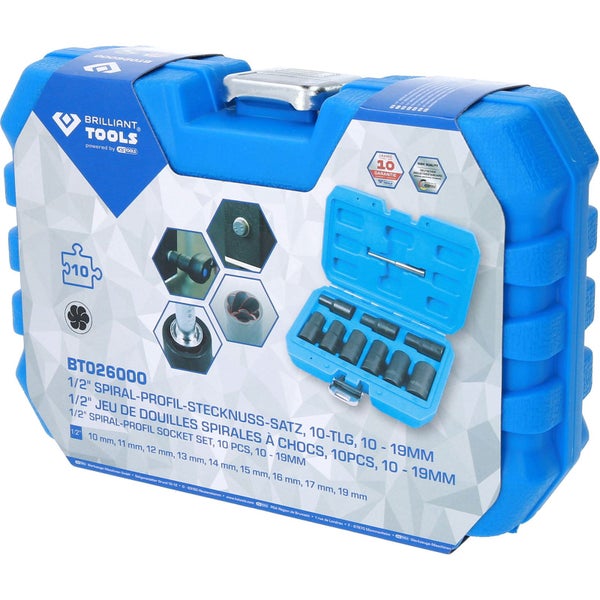 Brilliant Tools Spiral Profil Stecknuss Satz, 10-teilig, 10 bis 19 Millimeter, im Koffer