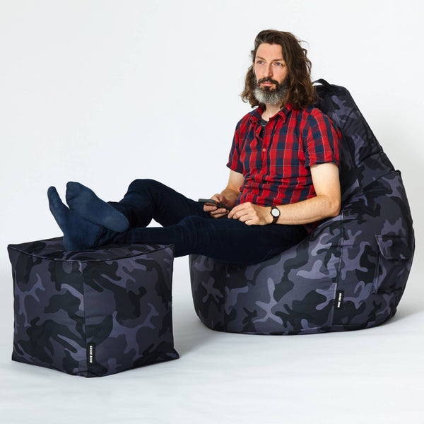 Green Bean Sitzsack-Hocker 40x40x40cm mit EPS-Perlen Füllung - Fußhocker Fußkissen Sitz-Pouf für Sitzsäcke - Bodenkissen für Kinder und Erwachsene - Fußablage Sitzkissen Sitzhocker Camouflage Schwarz