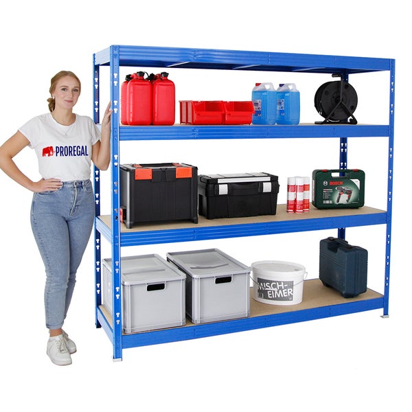 PROREGAL Profi Schwerlastregal Rhino HxBxT 180 x 200 x 60 cm 4 Spanplatten-Ebenen 8mm Fachlast 500 kg Blau