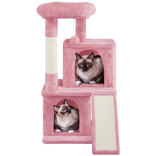 Rosa Kratzbaum mit zwei Katzen
