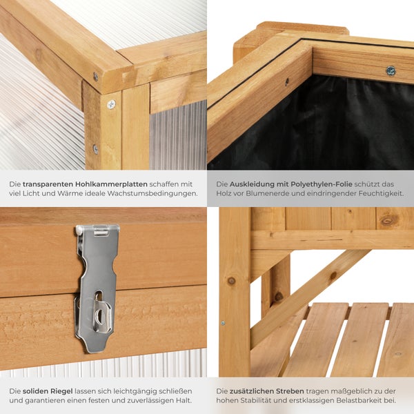 Detailansichten eines Hochbeets mit transparenten Hohlkammerplatten, Polyethylenfolie, Riegel und zusätzlichen Streben.