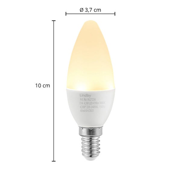 Lindby LED-Kerzenlampe E14, 4,5 Watt, 470 Lumen, 3000 Kelvin. Durchmesser 3,7 Zentimeter, Höhe 10 Zentimeter.