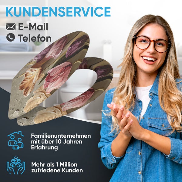 Kundenservice mit E-Mail und Telefon, Familienunternehmen mit Erfahrung und zufriedenen Kunden für einen bedruckten Toilettensitz.