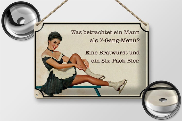 Blechschild Spruch 30x20cm 7-Gang-Menü Mann Wurst Bier