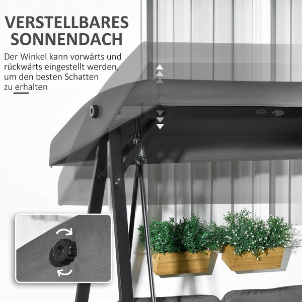 Einstellbares Sonnendach einer Gartenschaukel im Detail.