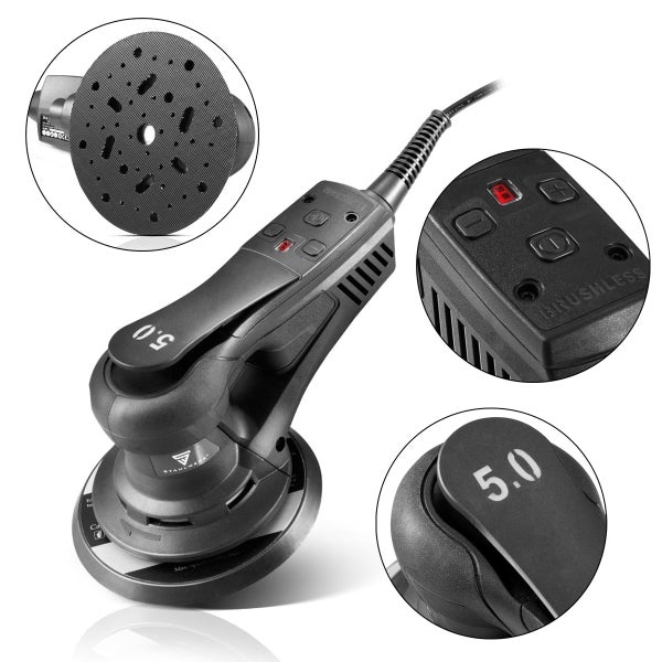 Exzenterschleifer mit Schleifscheibe und Bedienelementen