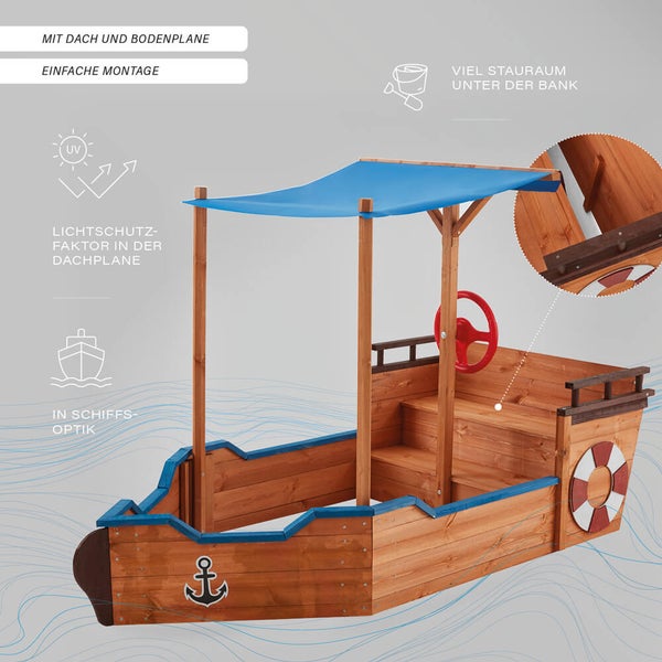 Home Deluxe - Sandkasten MATSCHEKISTE - Segelschiff inkl. Bodenplane und Dach - Maße: 160 x 78 x 103 cm - inkl. Montagematerial I Holzsandkasten Piratenboot Sandbox