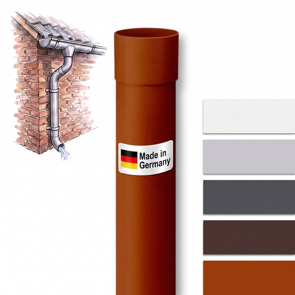 Kunststoff Fallrohr für Dachentwässerung mit Made in Germany Siegel und Auswahl weiterer Farbmöglichkeiten für die Fassadengestaltung.