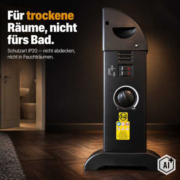 Elektrischer Konvektor Heizstrahler fuer trockene Raeume mit IP20 Schutzart und Temperaturregler auf dunklem Boden