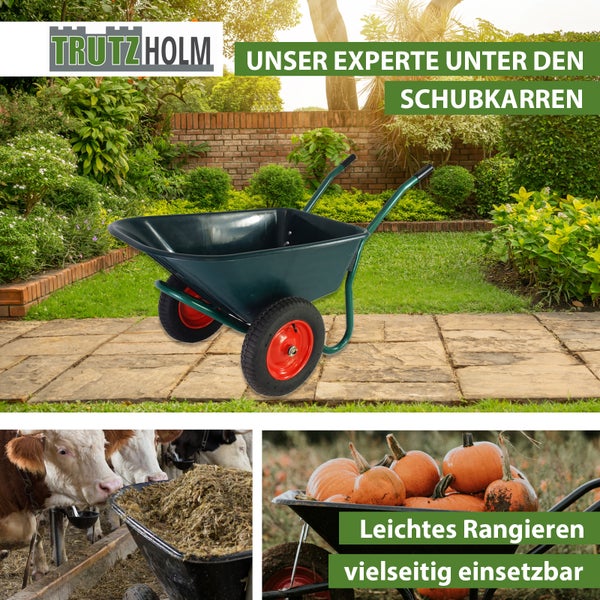 TrutzHolm Logo. Eine Schubkarre mit zwei Rädern im Garten, eine Schubkarre mit Tierfutter neben Kühen, eine Schubkarre voller Kürbisse.
