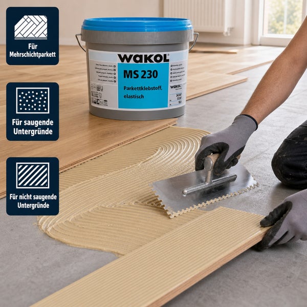 Anwendung von Wakol MS 230 Parkettklebstoff mit Zahnspachtel; geeignet für Mehrschichtparkett, saugende und nicht saugende Untergründe.