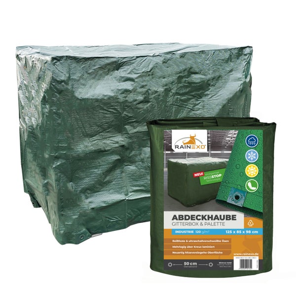 Reißfeste Abdeckhaube für Gitterboxen und Paletten, 125 mal 85 mal 98 Zentimeter, wasserdicht, UV-beständig und frostbeständig.