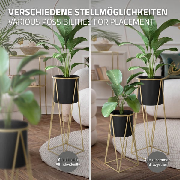 ML-Design Blumenständer 6er Set, Schwarz-Gold, 21,8x22x47cm/25x25x71cm, Stahl, Blumentopfständer mit Übertopf, Metall Pflanzenständer, Blumentopfhalter 6-tlg, Pflanztopf Deko Blumensäule Blumenhocker