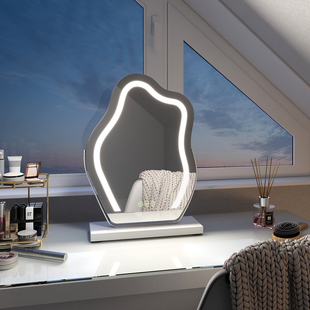 EMKE Schminkspiegel mit Beleuchtung Unregelmäßige Kurve Kosmetikspiegel 360° Drehbar, Touchschalter, 3 Lichtfarben Dimmbar und Memory-Funktion Höhe 30 cm Weiß Rahmen