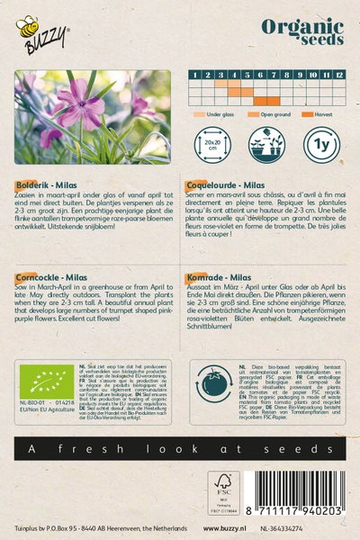 Bio-Saatgutpackung mit Informationen zu Aussaat, Ernte und Eigenschaften der Kornrade Milas