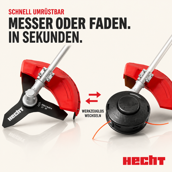 Hecht Logo. Freischneider-Aufsatz mit werkzeuglosem Wechsel zwischen Metallmesser und Trimmerfaden.