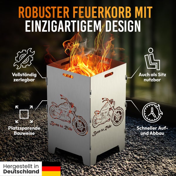 Feuerkorb aus Metall mit Motorrad Design und Flammen im Inneren