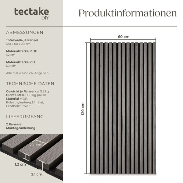 Produktinformationen für tectake DIY Akustikpaneele mit Maßen 120 mal 60 mal 2,1 Zentimeter, Materialdetails zu MDF, PET und Echtholzfurnier.