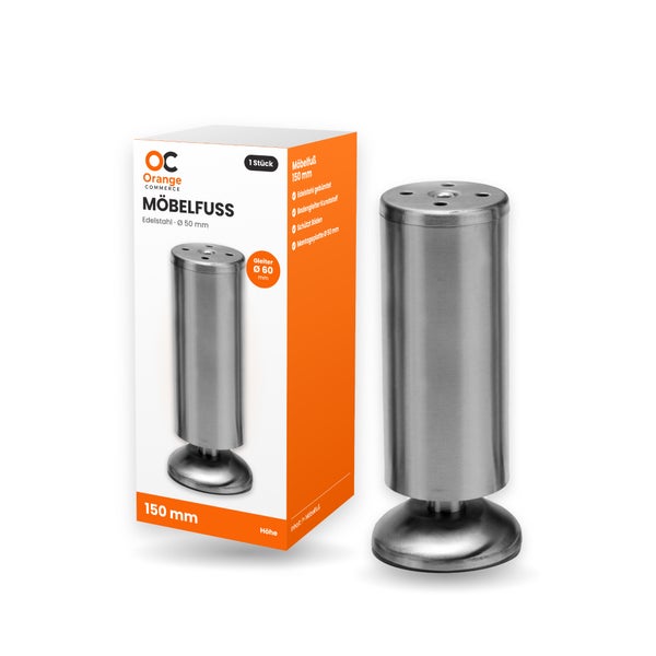 Möbelfuß aus gebürstetem Edelstahl mit 150 mm Höhe und 50 mm Durchmesser inklusive Verpackung