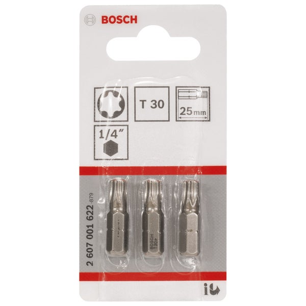 Bosch Logo. Packung mit drei 51 Millimeter PZ2 Schrauberbits mit 1/4-Zoll-Sechskantschaft.