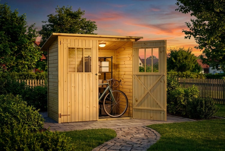 Gartenhaus aus Holz mit Pultdach, geöffneter Tür, Fenster, Innenbeleuchtung, Regal und Fahrrad im Garten bei Sonnenuntergang.