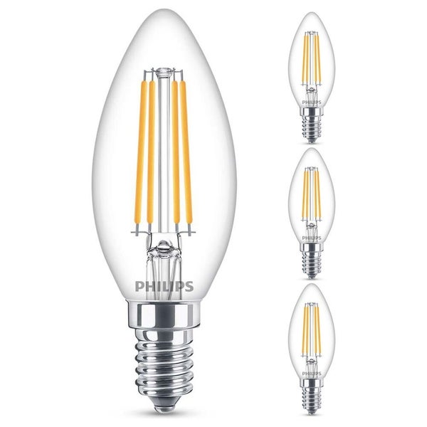 Philips LED Lampe ersetzt 60W, E14 Kerzenform B35, klar, warmweiß, 806 Lumen, nicht dimmbar, 4er Pack