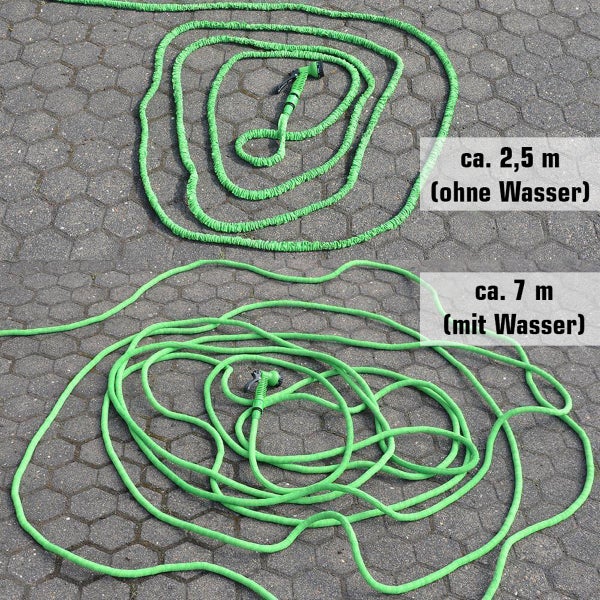Grüner flexibler Gartenschlauch mit Spritzdüse. Oben zusammengezogen circa 2,5 Meter ohne Wasser, unten ausgedehnt circa 7 Meter mit Wasser.