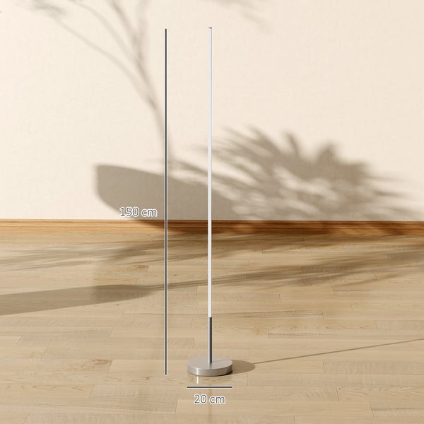 Moderne LED-Stehleuchte in minimalistischem Design mit Maßen: Höhe 150 Zentimeter, Durchmesser Standfuß 20 Zentimeter.
