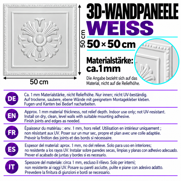 Quadratisches 3D Wandpaneel in Weiss mit floralem Ornament, Masse 50 mal 50 Zentimeter, Materialstaerke circa 1 Millimeter fuer den Innenbereich.