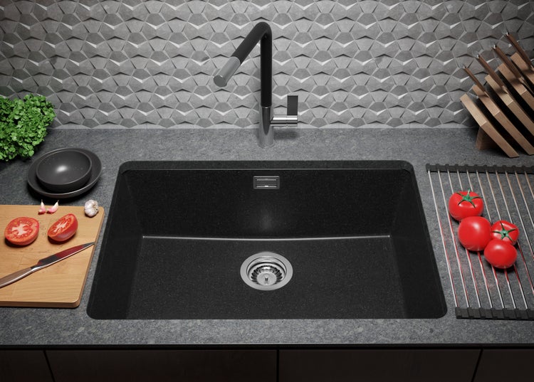 PRIMAGRAN Unterbauspüle Granit Anthrazit 66x47cm, Spülbecken 1 Becken + Küchenarmatur 40x20cm + Ablauf-Set, Granitspüle ab 70er Unterschrank - London