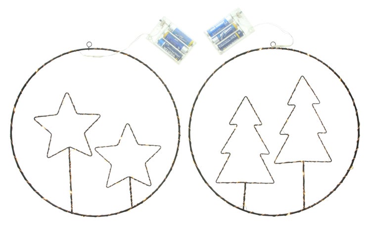 Zwei runde LED-Fensterbilder mit Stern- und Tannenbaum-Motiven