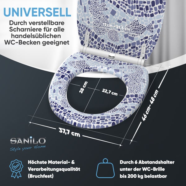 WC-Sitz mit Mosaikmuster und Fischmotiven sowie Maßangaben. Breite 37,7 Zentimeter, Länge 46 bis 48 Zentimeter. Bruchfest und bis 200 Kilogramm belastbar. Sanilo Logo.