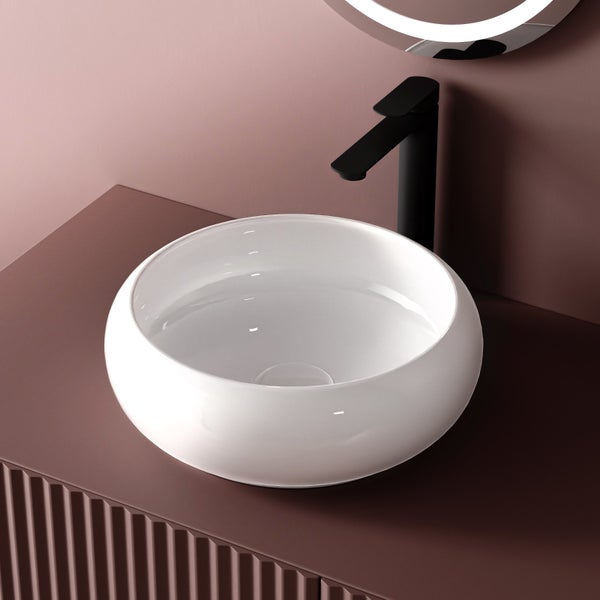 EMKE Aufsatzwaschbecken Ø36 cm, Keramik, Glänzend Weiß, Rund, Design Waschtisch für Bad & Gäste-WC, Pflegeleicht, Feuchtigkeitsbeständig, Höhe 12 cm