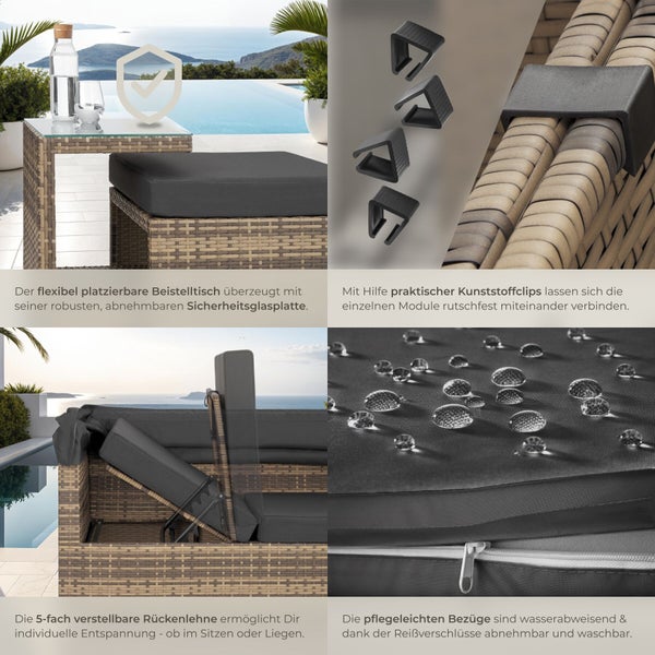 Polyrattan Garten-Lounge-Set mit Beistelltisch, Sicherheitsglas, Verbindungsklammern, verstellbarer Rückenlehne und wasserabweisenden Bezügen.