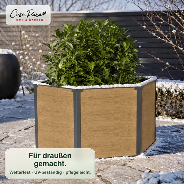 Sechseckiges Hochbeet in Holzoptik mit grüner Pflanze im winterlichen Garten, Casa Pura Logo.