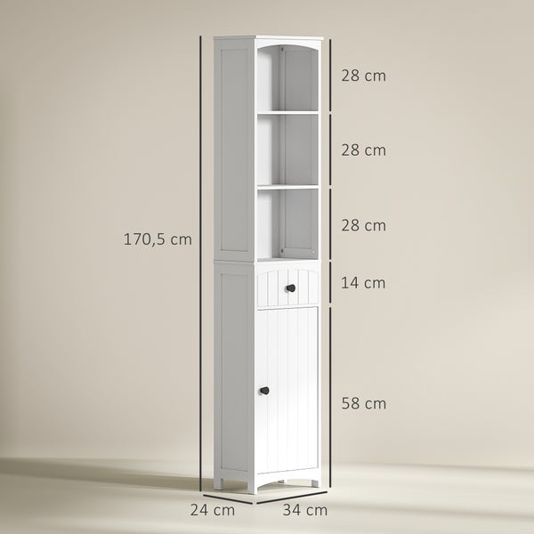 HOMCOM Badezimmerschrank Hochschrank mit 3 Regalen, 1 Schublade Badschrank Badregal Bad Schrank Badmöbel, Weiß, 34x24x170,5cm