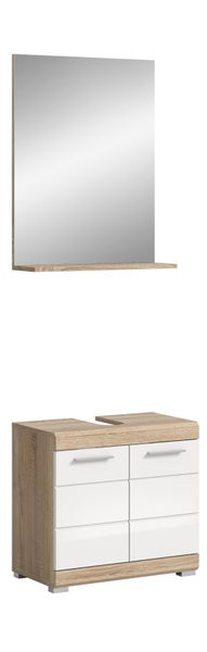 Badezimmermöbel-Set aus Wandspiegel mit Ablage und Waschbeckenunterschrank in Eichen-Optik mit weißen Hochglanz-Fronten.