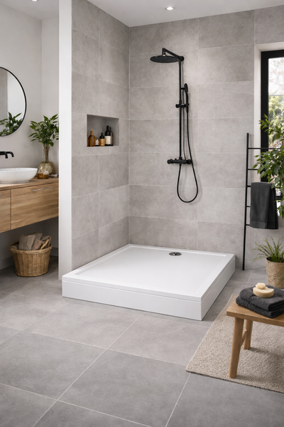 Modernes Badezimmer mit flacher Duschwanne, schwarzer Duscharmatur und grauen Fliesen