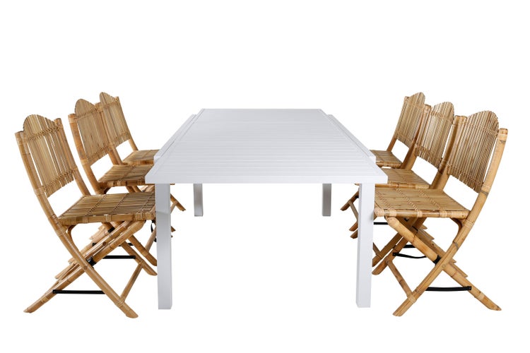 Marbella Gartenset Tisch 100x160/240cm und 6 Stühle Cane hellgrau, natur, weiß. 100 X 160 X 74 cm