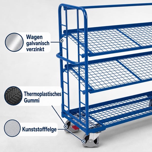 Etagenwagen aus galvanisch verzinktem Metall mit drei Gitterregalen, Thermoplastischen Gummirädern und Kunststofffelgen.