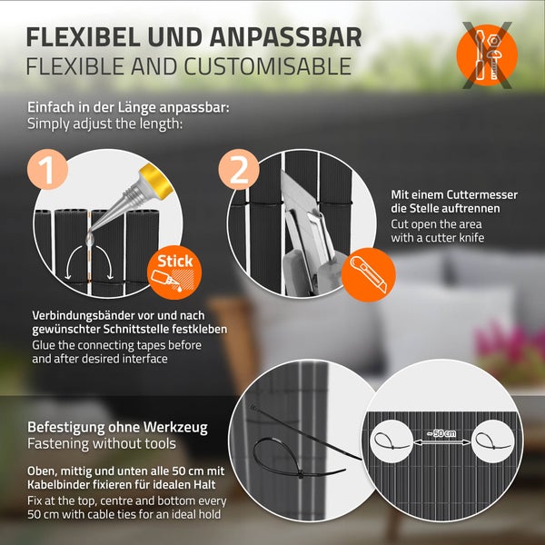 ECD Germany PVC Sichtschutzmatte 120x900 cm (1x4m + 1x5m) Anthrazit, Sichtschutzzaun 3-Gewicht-Verstärkung, UV-beständig, Windschutz Balkonverkleidung Zaunblende Sichtschutz für Garten Balkon Terrasse
