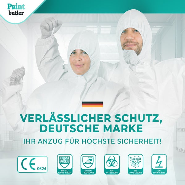 Paintbutler Pro - Chemikalien-Schutzanzug mit Kapuze - Kat III Typ 5B & 6B - Industrie-Schutzkleidung, mikroporöser Einweg-Arbeits-Overall, Robust 60gsm, Partikeldicht - M