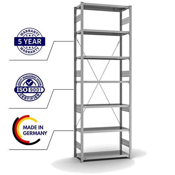 PROREGAL Fachbodenregal Stecksystem T-Profil Heavy-Duty Grundregal HxBxT 300 x 100 x 40 cm 7 Ebenen Fachlast 315 kg Einseitig Nutzbar Verzinkt