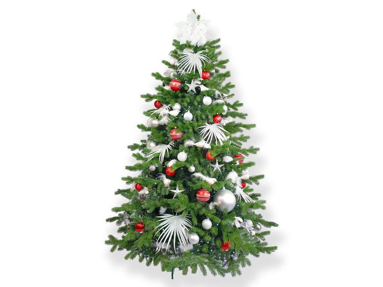 Geschmückter künstlicher Weihnachtsbaum mit roten und silbernen Kugeln sowie dekorativen Elementen als festliche Weihnachtsdekoration.