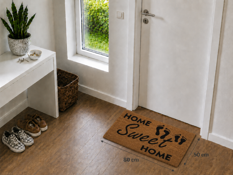 Kokos-Fußmatte mit Home Sweet Home Schriftzug und Fußabdrücken vor weißer Tür in hellem Flur. Maße 50 mal 80 Zentimeter.